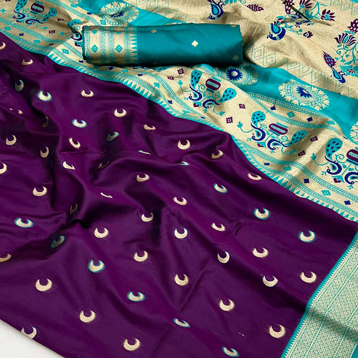 Wine & Rama Blue Woven Pure Silk Paithani Saree