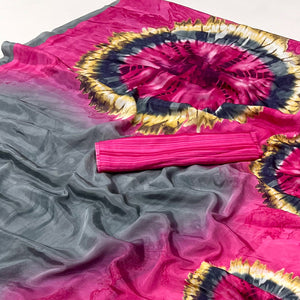 Grey & Pink Printed Crepe Silk Saree