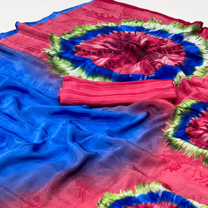 Blue & Pink Printed Crepe Silk Saree