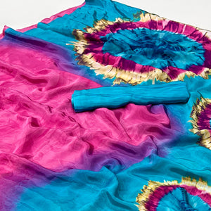 Turquoise & Pink Printed Crepe Silk Saree