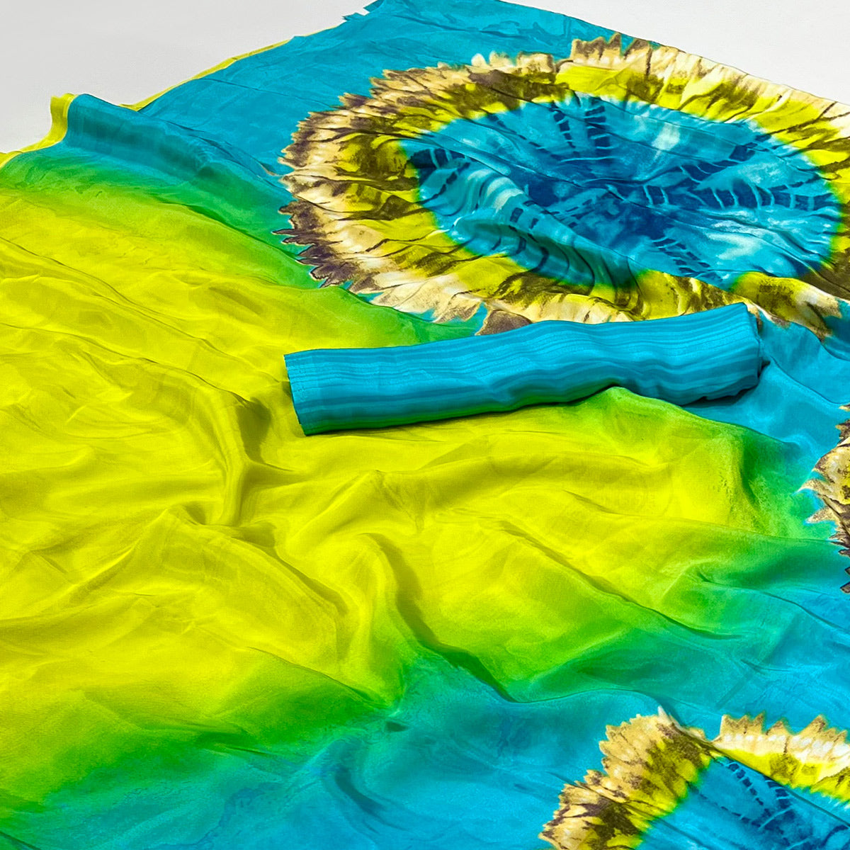 Green & Turquoise Printed Crepe Silk Saree