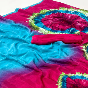 Blue & Pink Printed Crepe Silk Saree