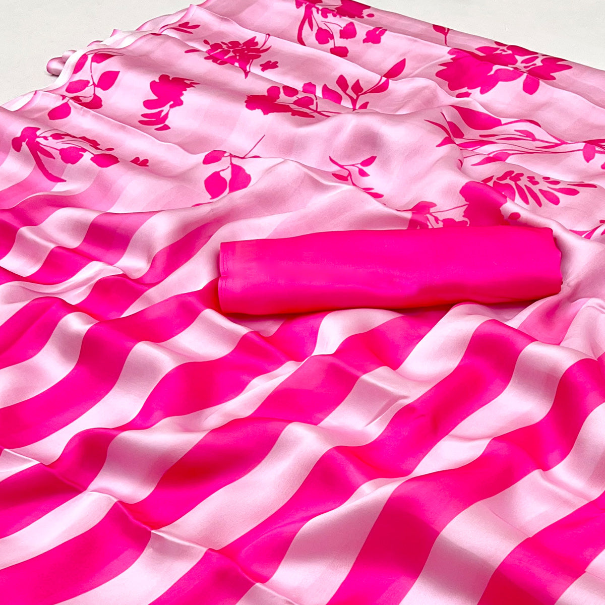 Pink Striped Digital Printed Georgette Saree