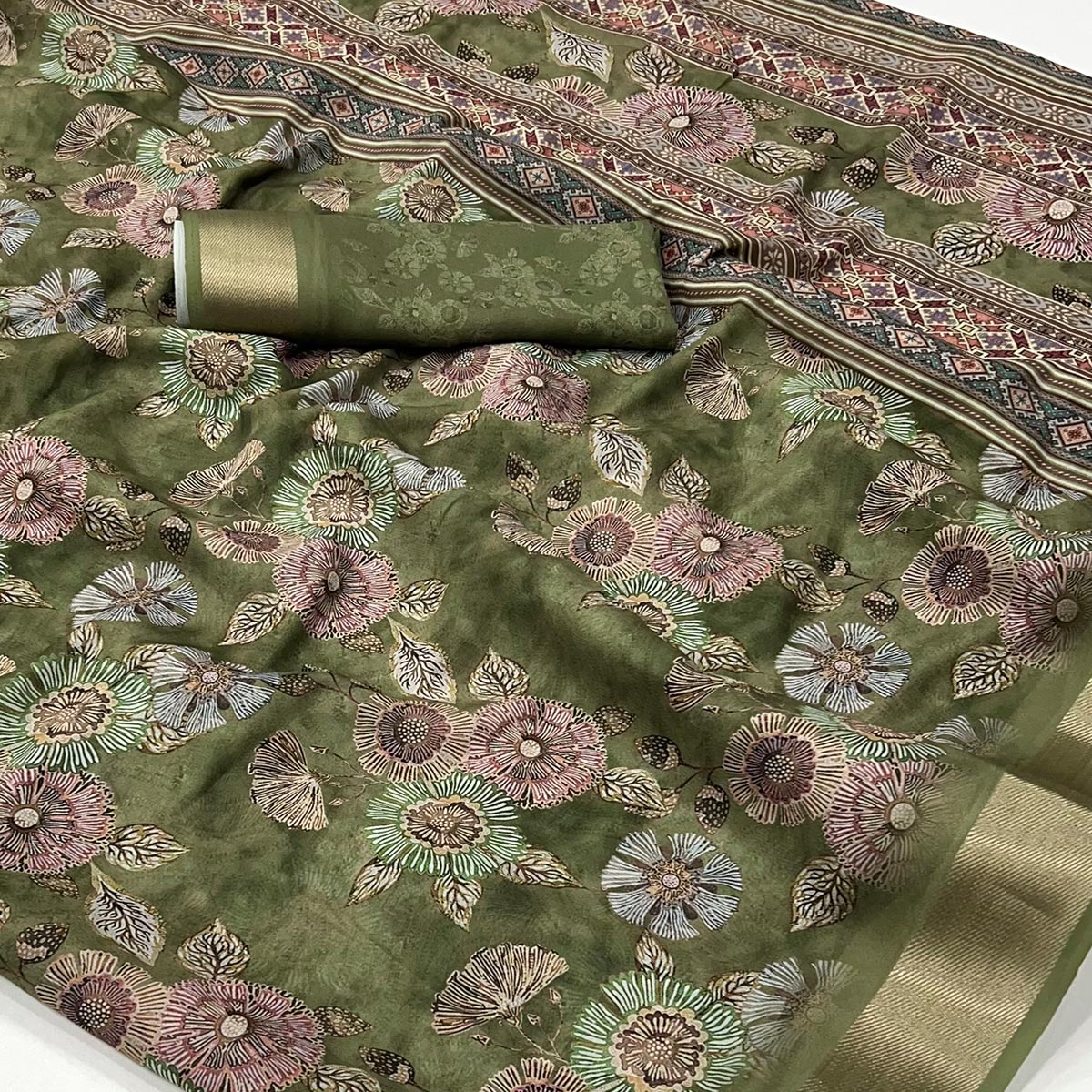 Green Floral Digital Printed Moss Georgette Saree With Zari Border