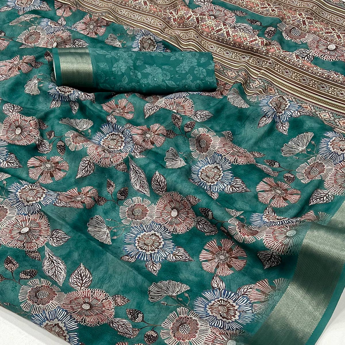 Rama Green Floral Digital Printed Moss Georgette Saree With Zari Border