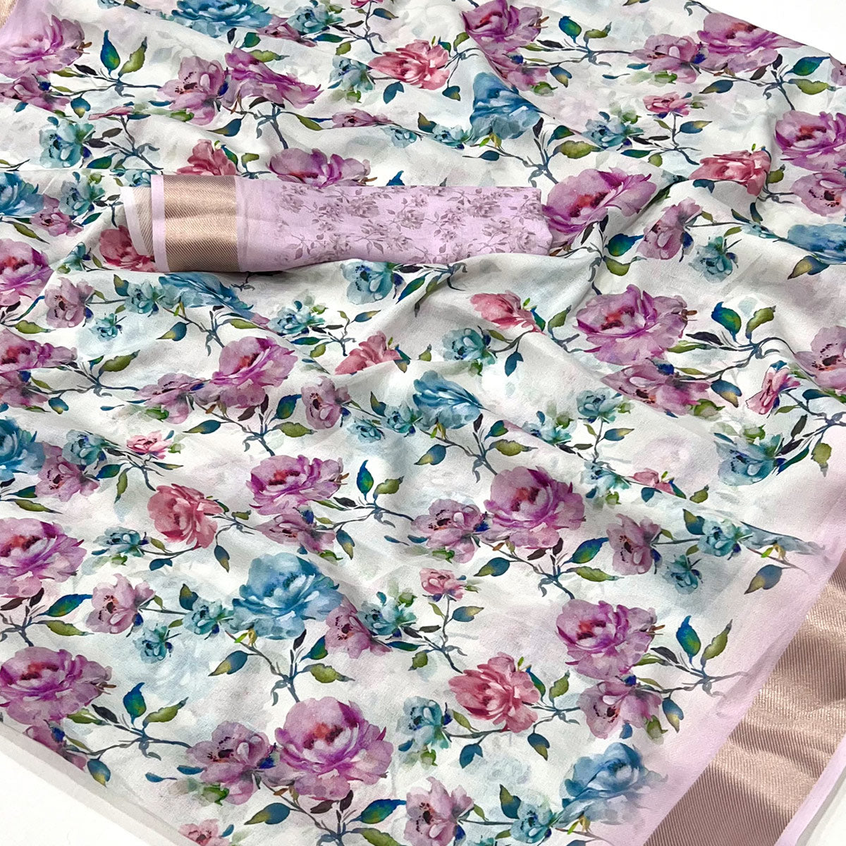 White Floral Digital Printed Moss Georgette Saree With Zari Border