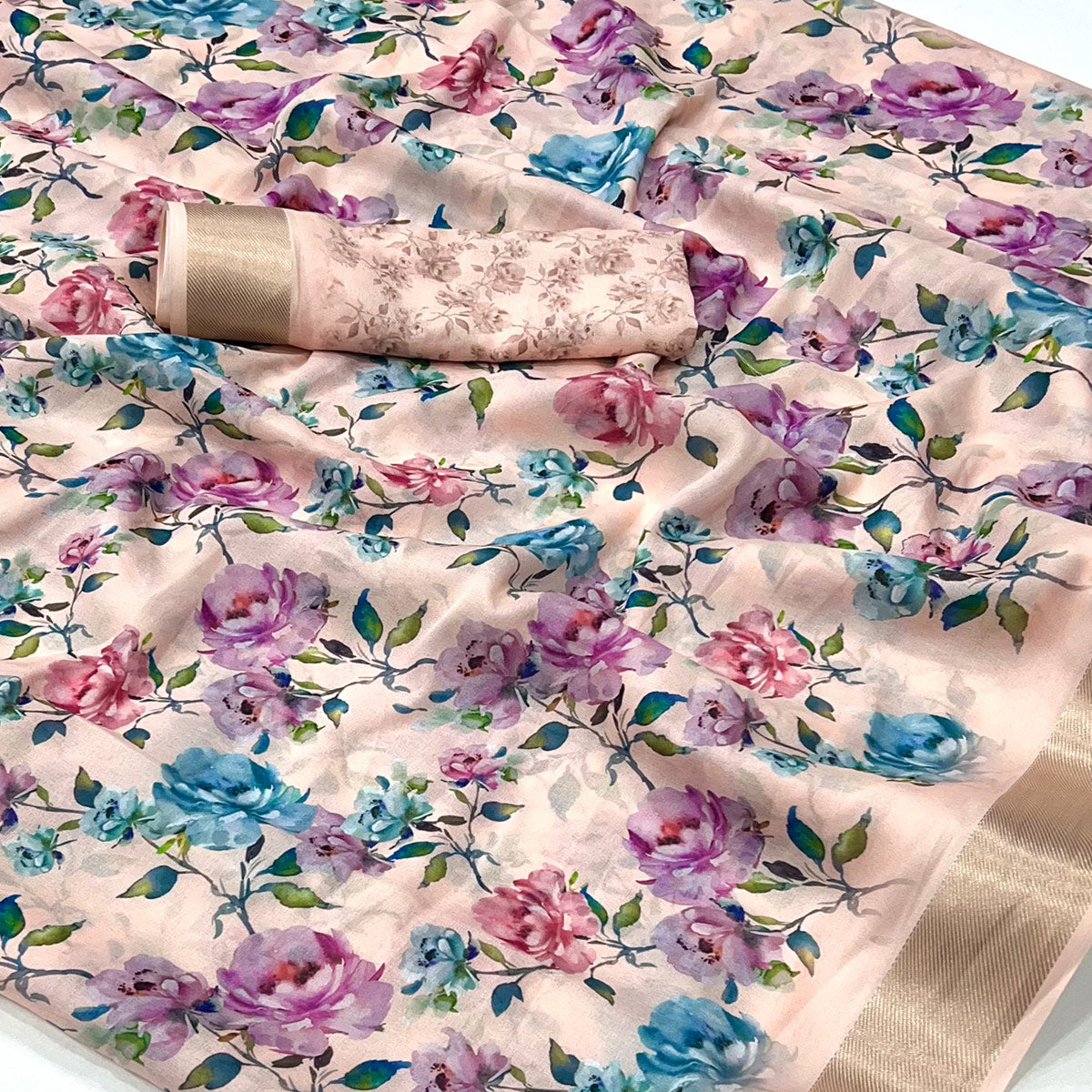 Peach Floral Digital Printed Moss Georgette Saree With Zari Border