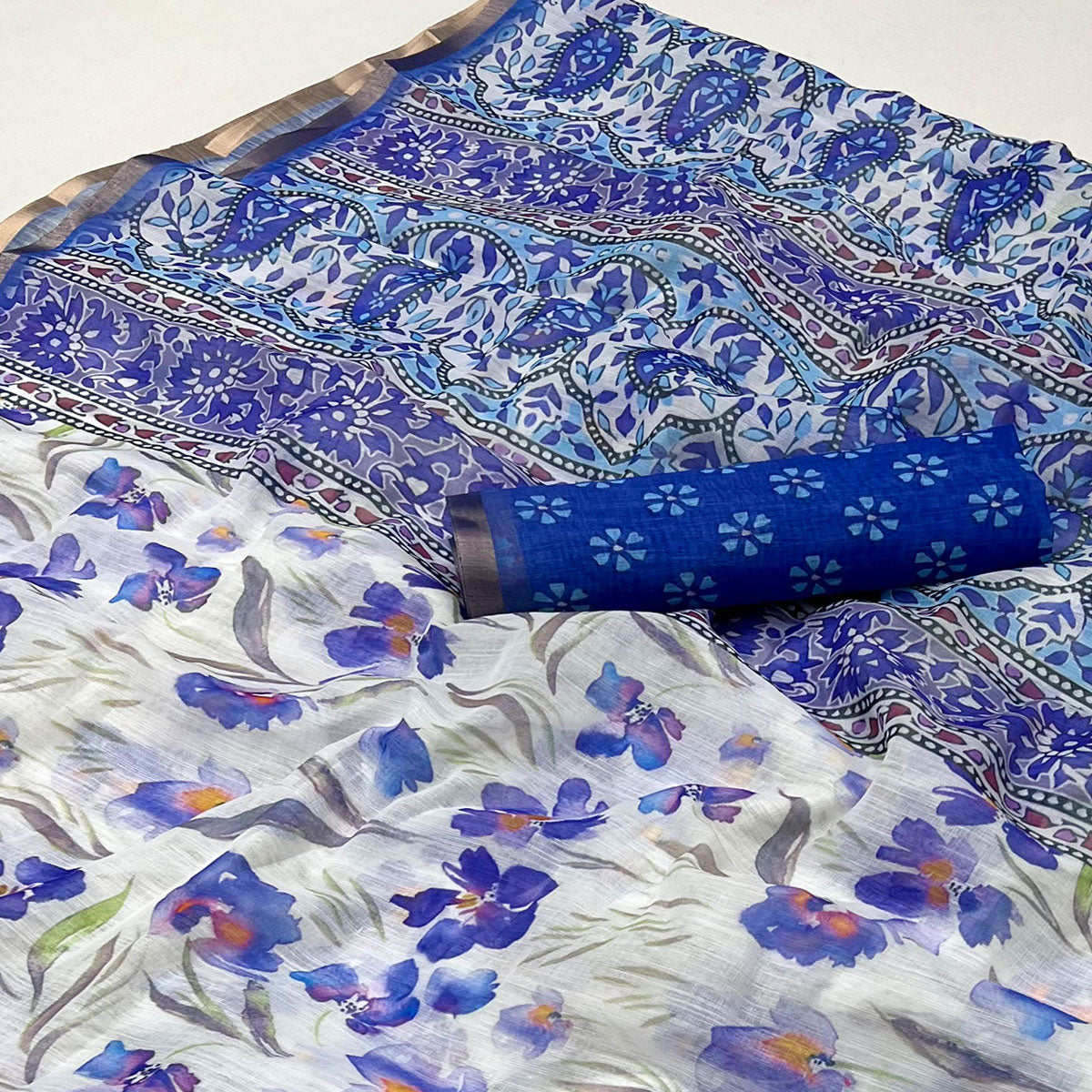 White & Blue Floral Digital Printed Linen Saree With Zari Border