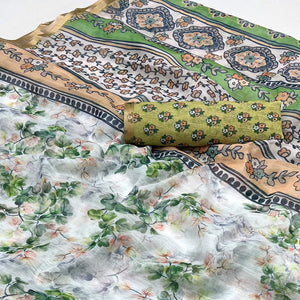 White & Green Floral Digital Printed Linen Saree With Zari Border