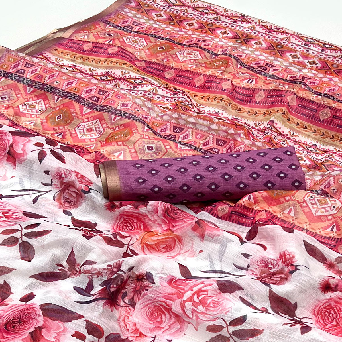 White & Pink Floral Digital Printed Linen Saree With Zari Border