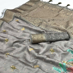 Grey Floral Woven With Digital Printed Satin Saree