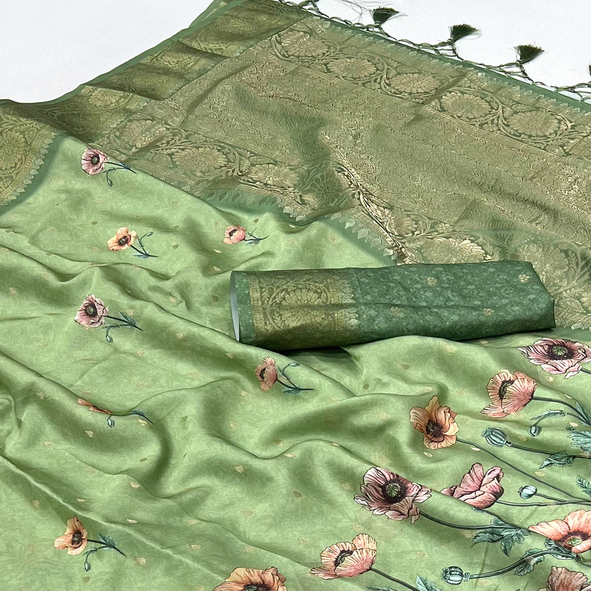 Green Floral Woven With Digital Printed Satin Saree