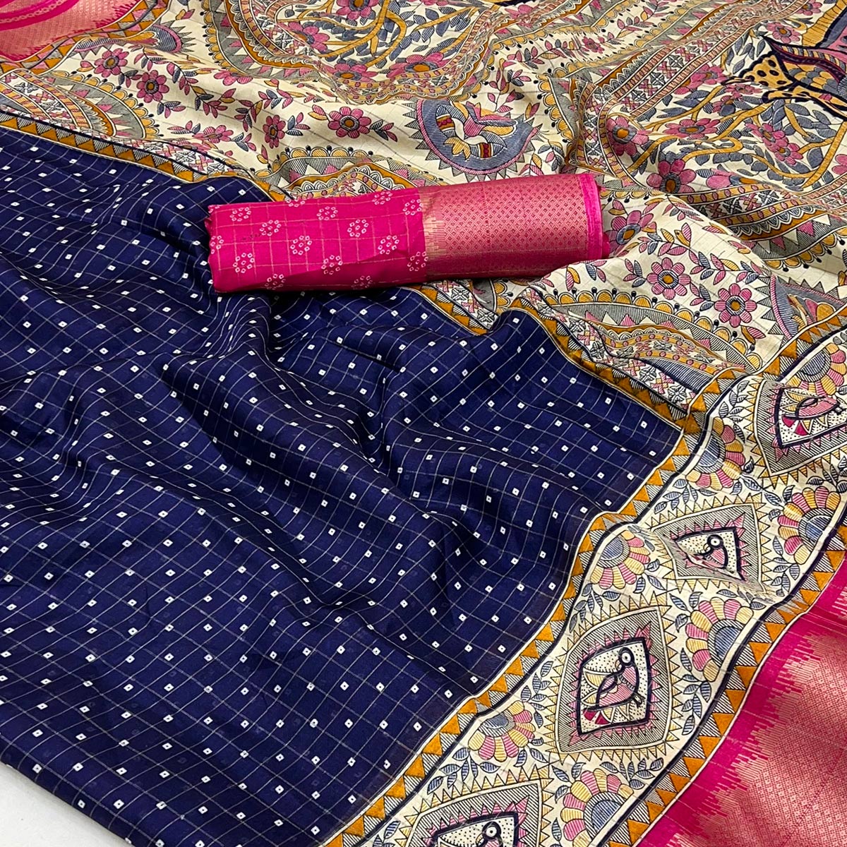 Navy Blue Checkes Zari Woven With Floral Printed Dola Silk Saree