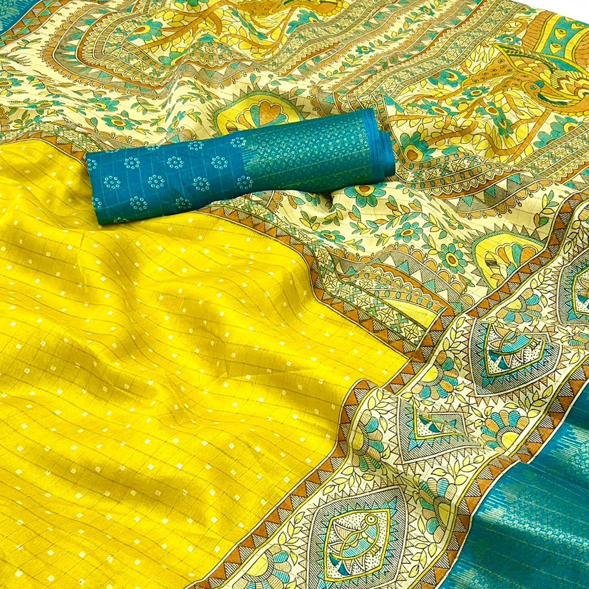 Yellow Checkes Zari Woven With Floral Printed Dola Silk Saree