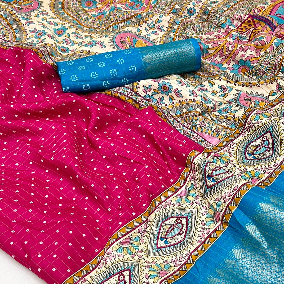 Pink Checkes Zari Woven With Floral Printed Dola Silk Saree