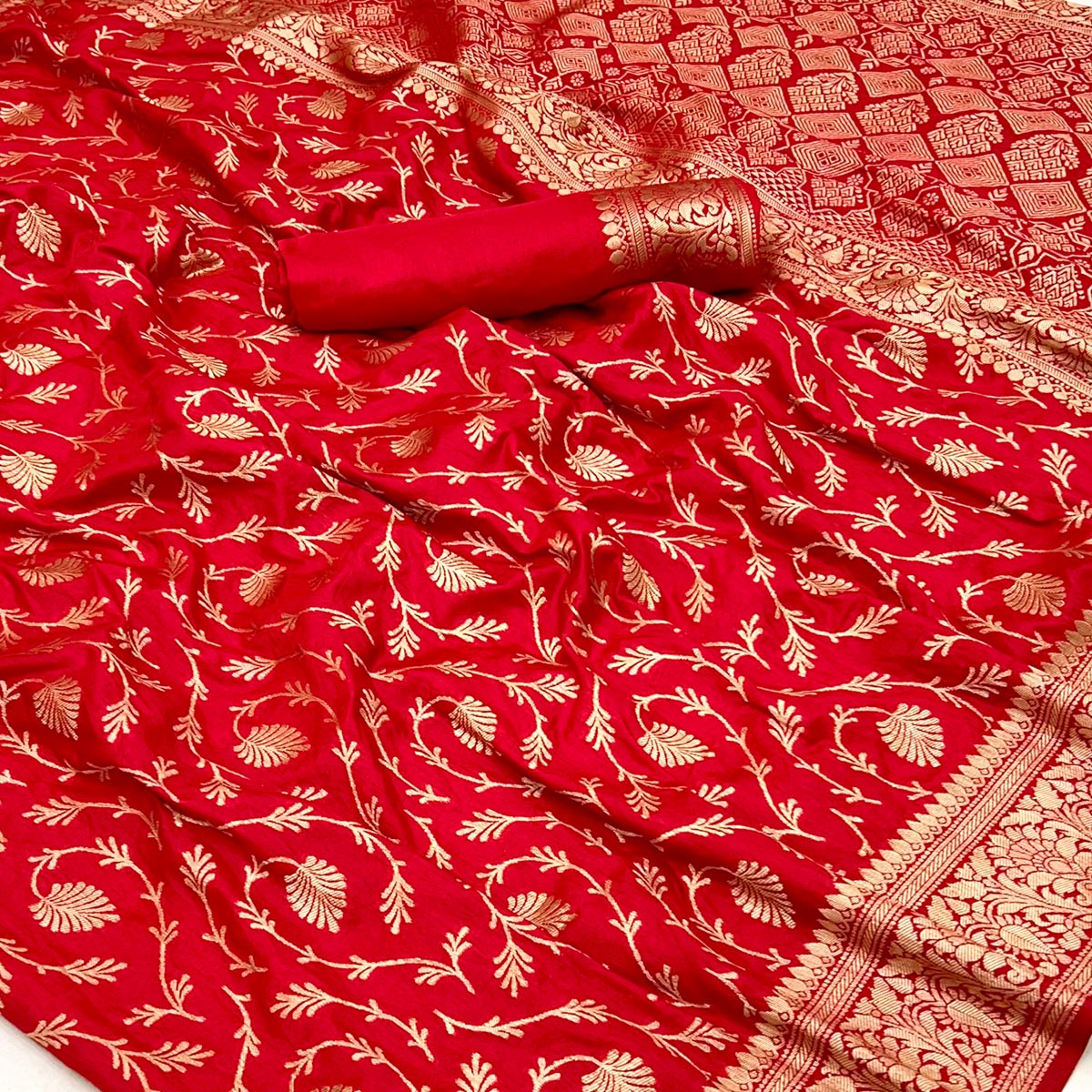 Red Floral Zari Woven Dola Silk Saree