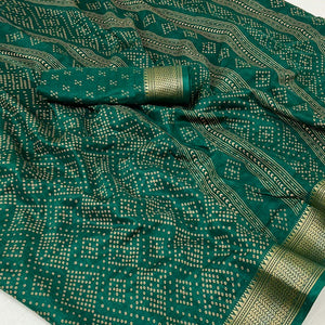 Dark Green Printed Dola Silk Saree With Jacquard Border