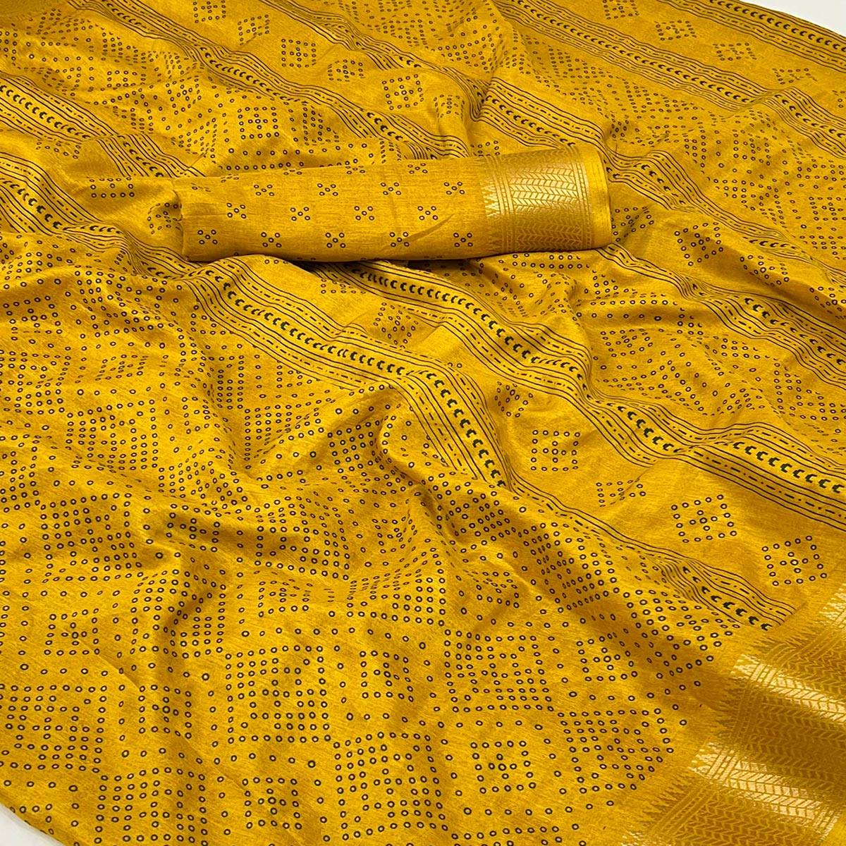 Mustard Printed Dola Silk Saree With Jacquard Border
