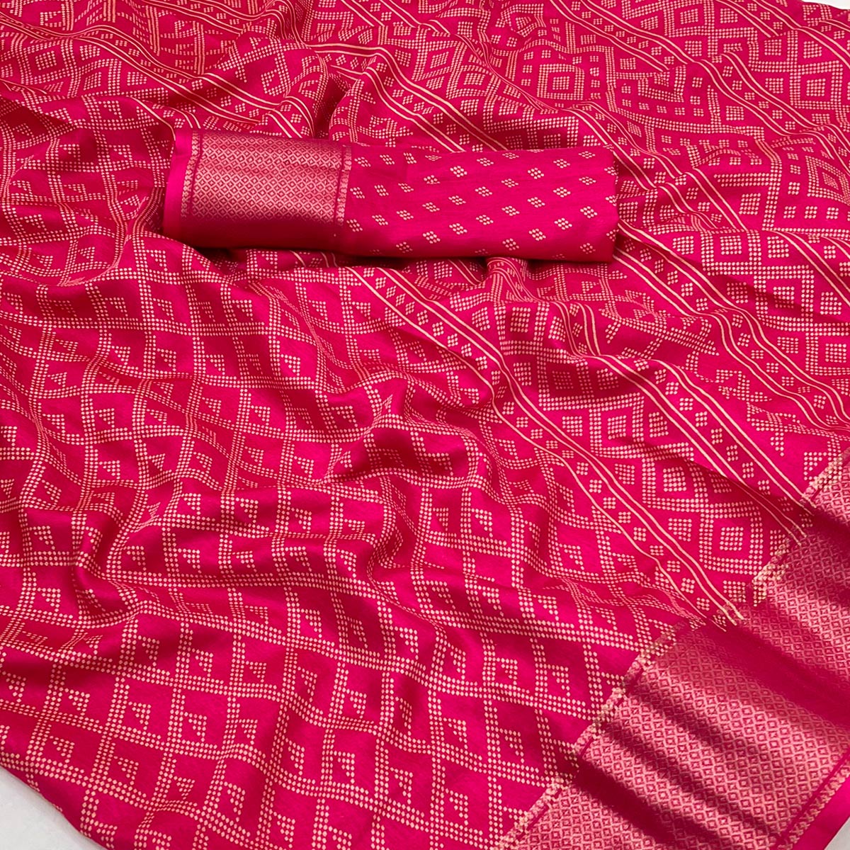 Rani Pink Printed Dola Silk Saree With Jacquard Border