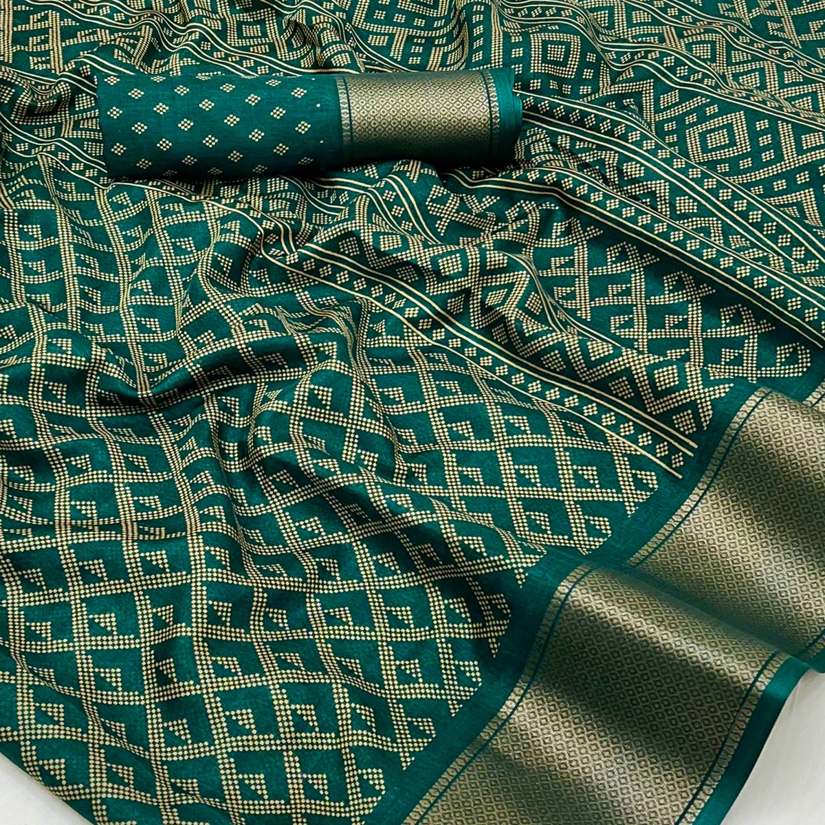 Green Printed Dola Silk Saree With Jacquard Border