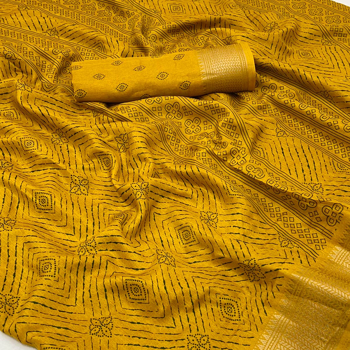 Mustard Geometric Printed Dola Silk Saree With Jacquard Border