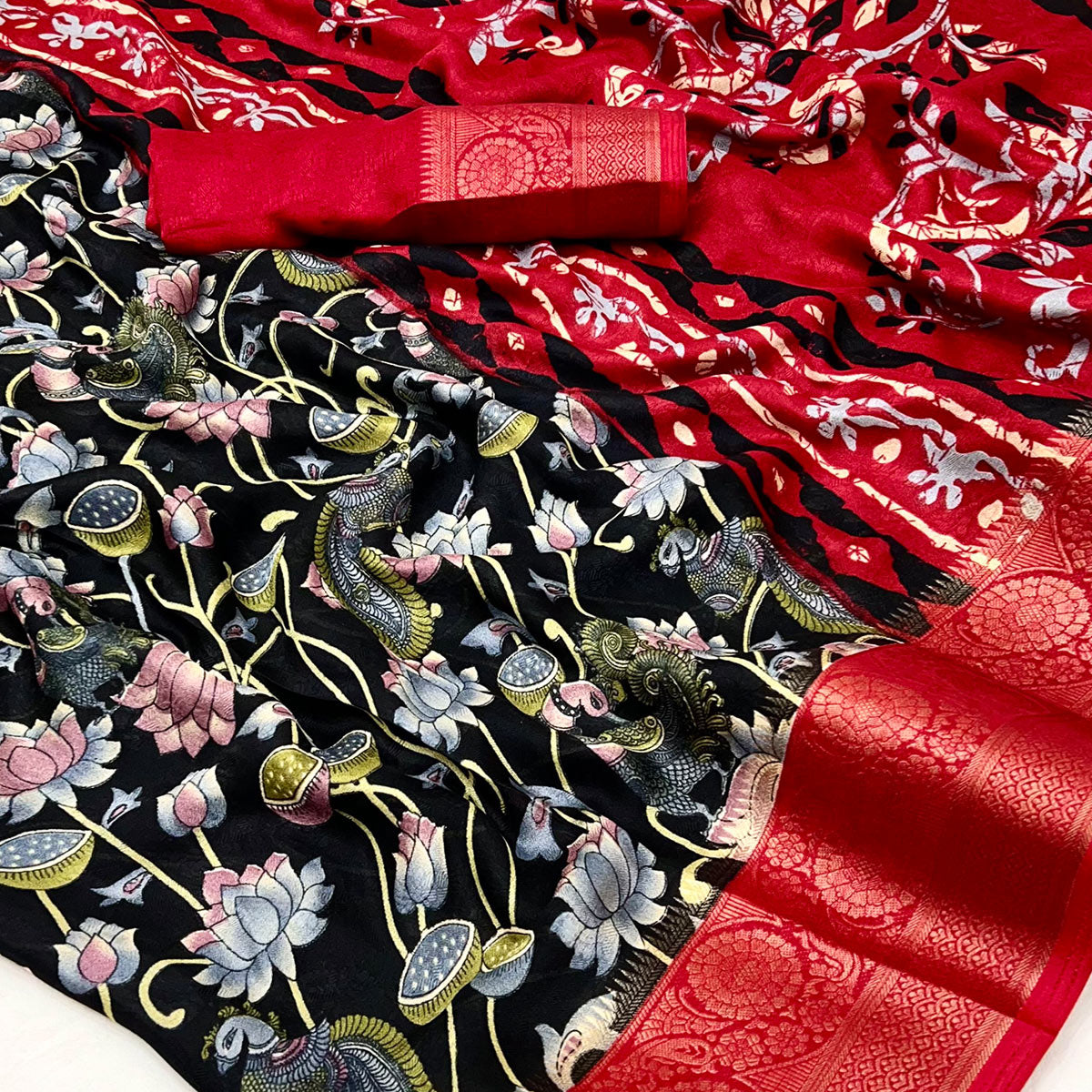 Black Kalamkari Printed Georgette Saree With Jacquard Border