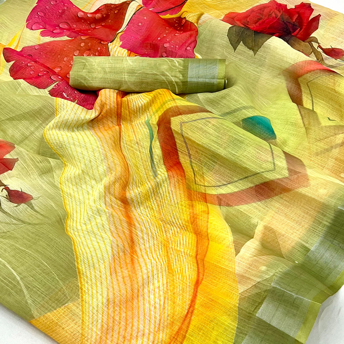 Yellow & Green Floral Digital Printed Linen Saree With Zari Border