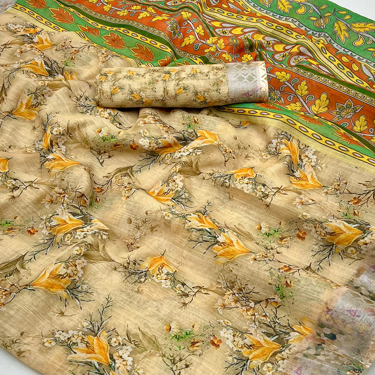 Beige Floral Digital Printed Linen Saree With Zari Border