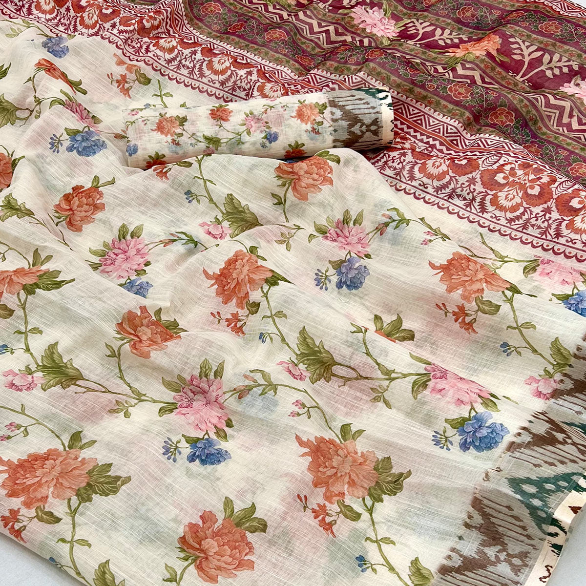 Off White Floral Digital Printed Linen Saree With Zari Border