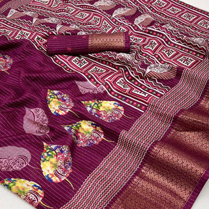 Wine Floral Printed Dola Silk Saree With Jacquard Border