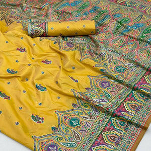 Mustard Floral Woven Pure Silk Pashmina Saree