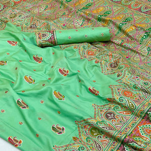 Aqua Green Floral Woven Pure Silk Pashmina Saree