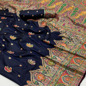 Navy Blue Floral Woven Pure Silk Pashmina Saree