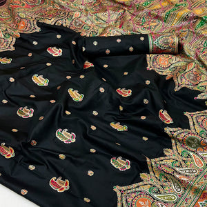Black Floral Woven Pure Silk Pashmina Saree