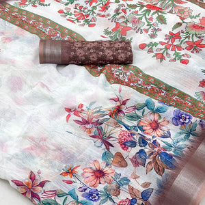 White & Brown Floral Digital Printed Linen Saree With Zari Border