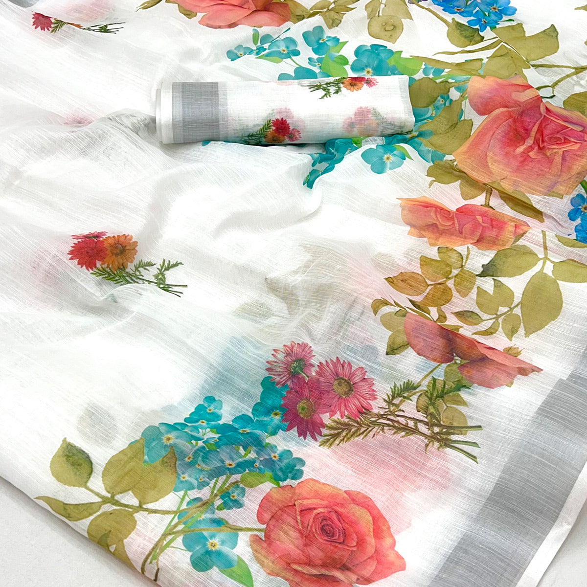 White & Grey Floral Digital Printed Linen Saree With Zari Border