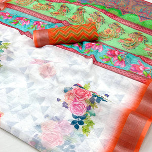 White & Orange Floral Digital Printed Linen Saree With Zari Border