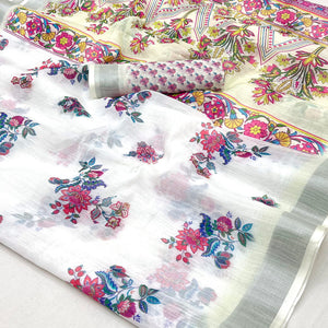 White Floral Digital Printed Linen Saree With Zari Border
