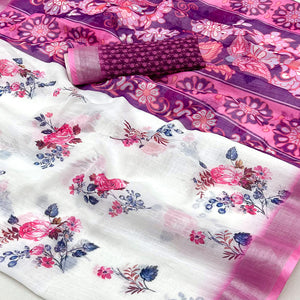 White & Pink Floral Digital Printed Linen Saree With Zari Border