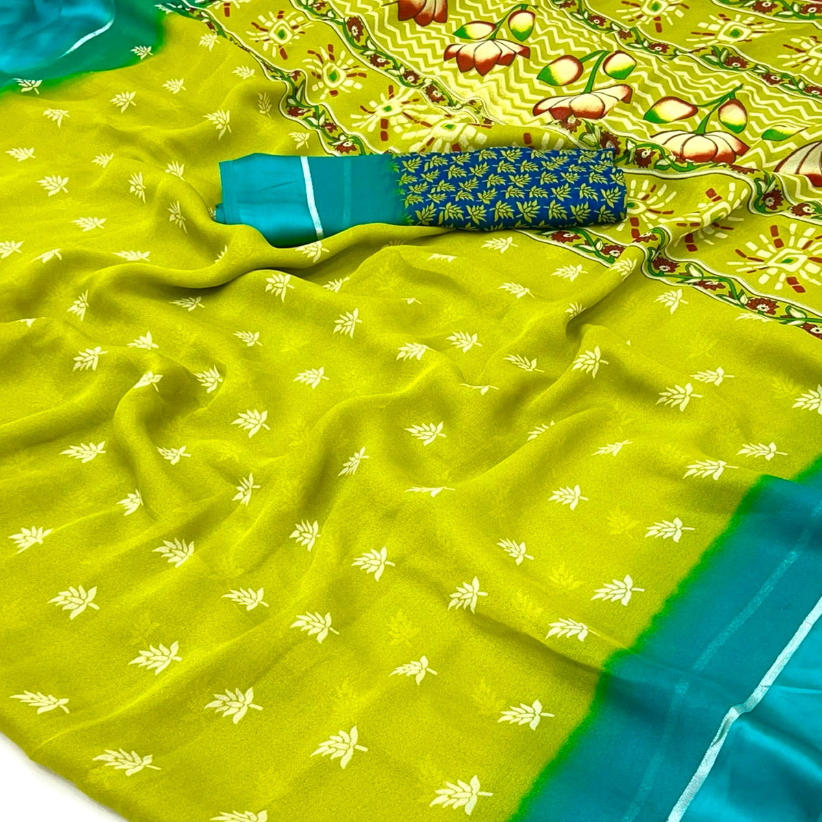 Green Floral Printed Georgette Saree With Zari Border