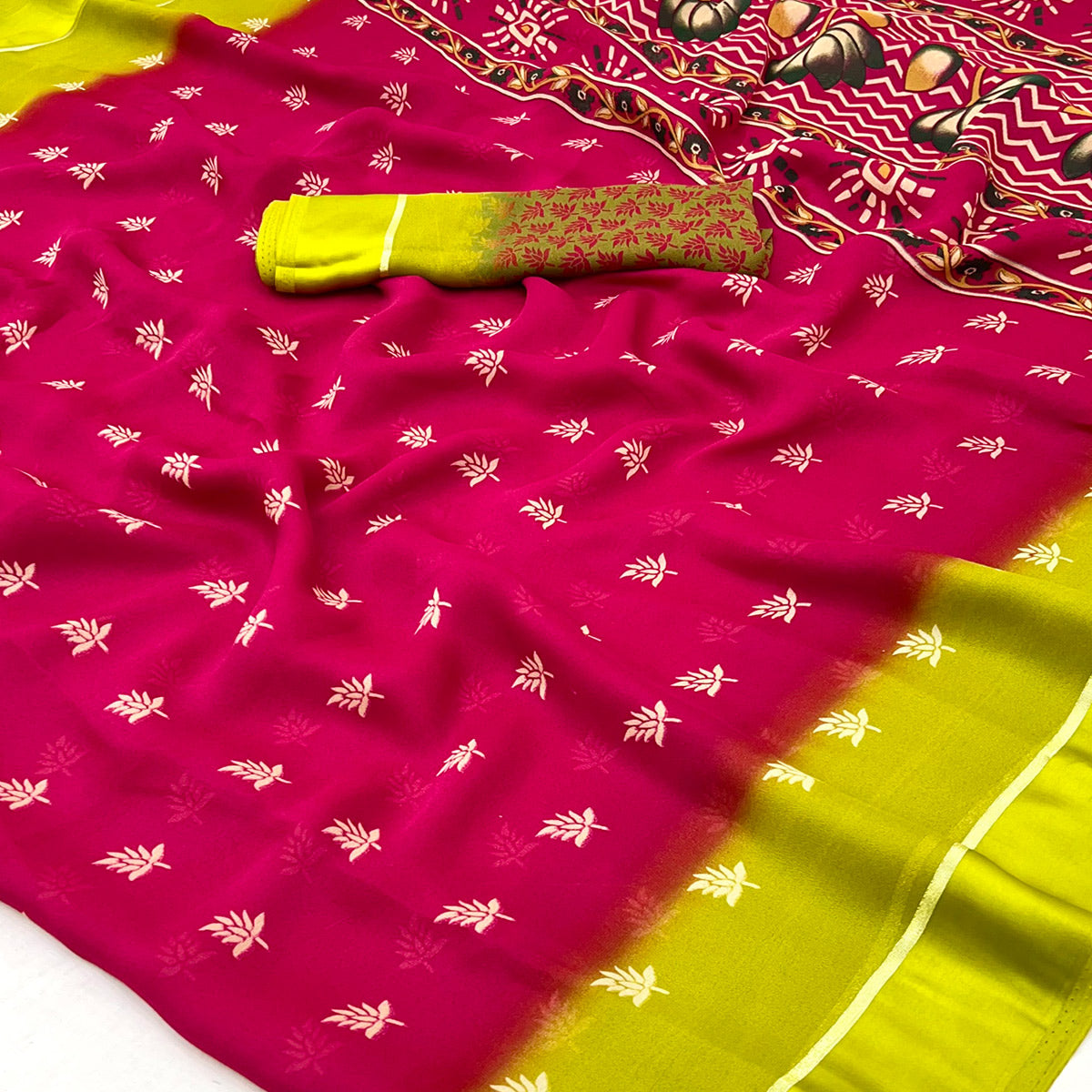 Pink Floral Printed Georgette Saree With Zari Border