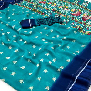 Blue Floral Printed Georgette Saree With Zari Border