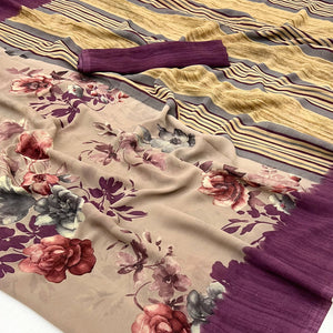 Light Brown & Wine Floral Printed Georgette Saree