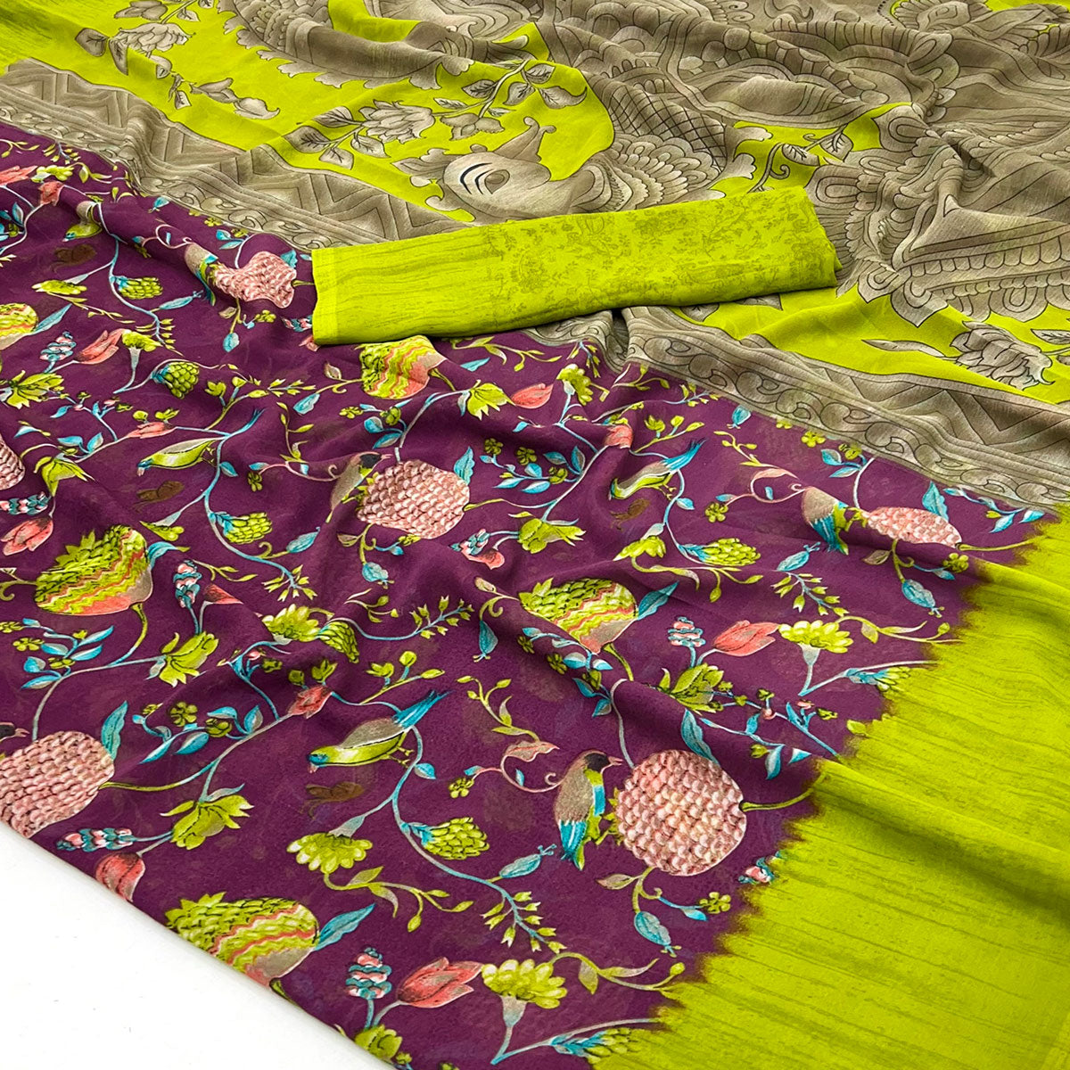 Wine Floral Printed Georgette Saree
