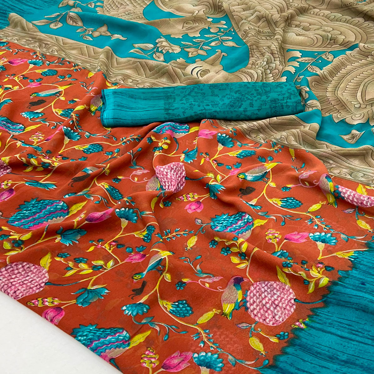 Orange Floral Printed Georgette Saree