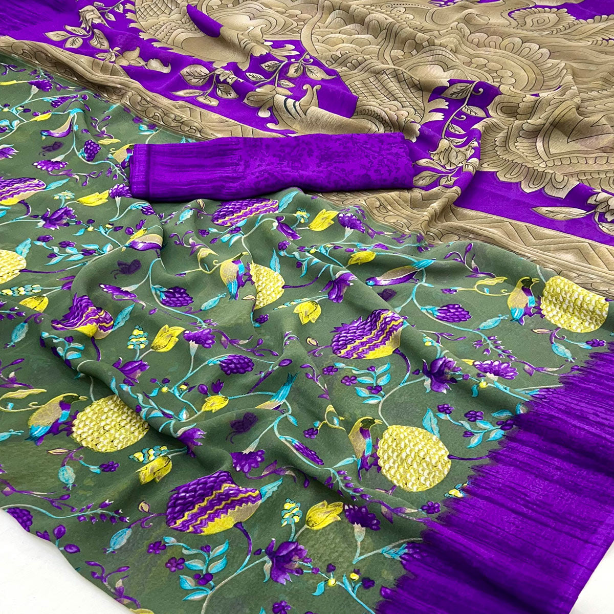 Green Floral Printed Georgette Saree