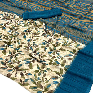 Beige & Blue Floral Printed Georgette Saree