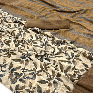 Beige & Brown Floral Printed Georgette Saree