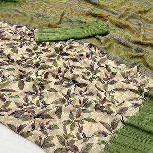 Beige & Green Floral Printed Georgette Saree