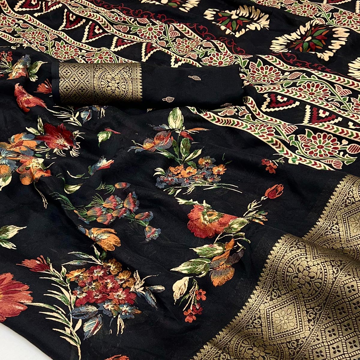Black Floral Printed Dola Silk Saree With Zari Border